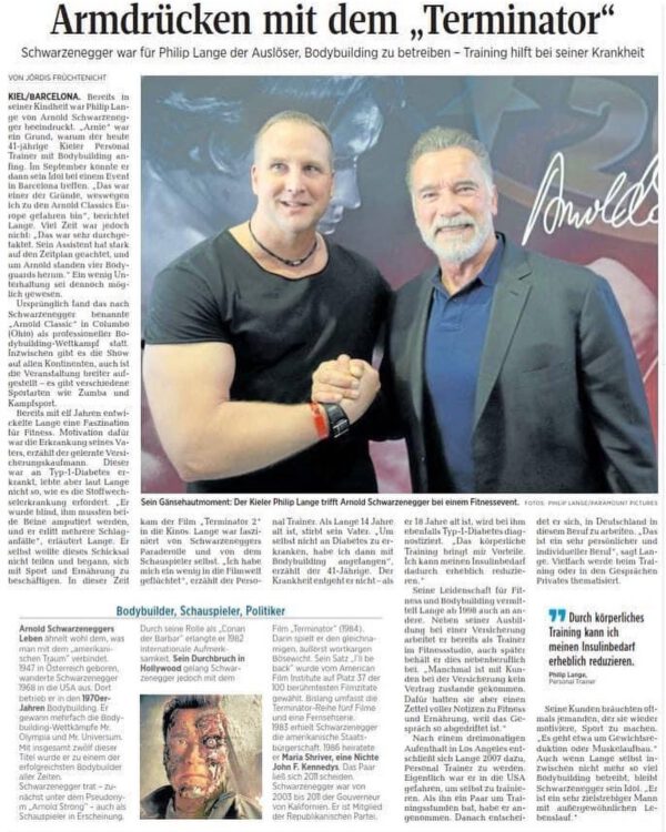KN Artikel Definitiv, für mich, eines der schönsten Ereignisse 2018. Ein ganzseitiger Artikel in den Kieler Nachrichten über mein Wiedersehen mit Arnold Schwarzenegger.
