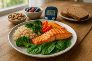 Ein Teller mit gegrilltem Lachs, Quinoa und frischem Gemüse wie Brokkoli, Paprika und Spinat, umgeben von Nüssen, Beeren und Vollkornbrot, mit einem Blutzuckermessgerät im Hintergrund auf einem Holztisch