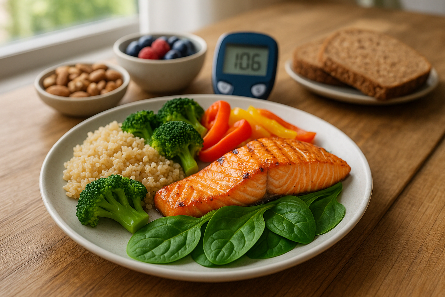 Ein Teller mit gegrilltem Lachs, Quinoa und frischem Gemüse wie Brokkoli, Paprika und Spinat, umgeben von Nüssen, Beeren und Vollkornbrot, mit einem Blutzuckermessgerät im Hintergrund auf einem Holztisch