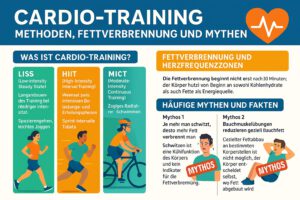 Infografik über Cardio-Training: Übersicht der Methoden LISS, HIIT und MICT, Erklärung der Fettverbrennung und Entlarvung gängiger Mythen.
