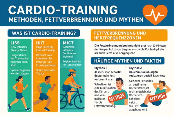 Cardio Blog Infografik über Cardio-Training: Übersicht der Methoden LISS, HIIT und MICT, Erklärung der Fettverbrennung und Entlarvung gängiger Mythen.