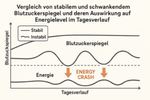 Vergleich von stabilem und schwankendem Blutzuckerspiegel und deren Auswirkung auf Energielevel im Tagesverlauf