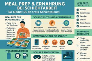 Meal Prep für Schichtarbeiter: Gesunde, vorbereitete Mahlzeiten und Snacks in Behältern, Tipps zur Ernährung und Schlafoptimierung bei Schichtdienst.