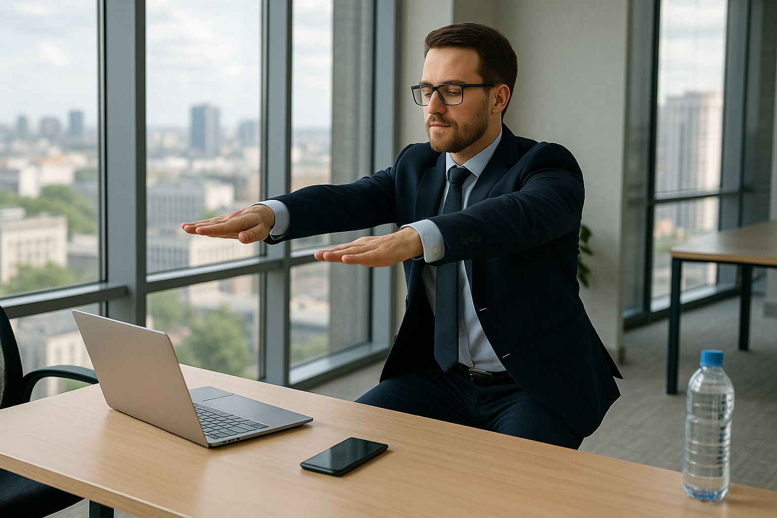Ein Berufstätiger in Business-Kleidung führt im Büro eine kurze Fitnessübung durch, umgeben von Laptop, Smartphone und Wasserflasche, mit Blick auf die Stadt durch große Fenster.