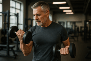 Mann über 50 Jahre beim gezielten Krafttraining mit Hanteln