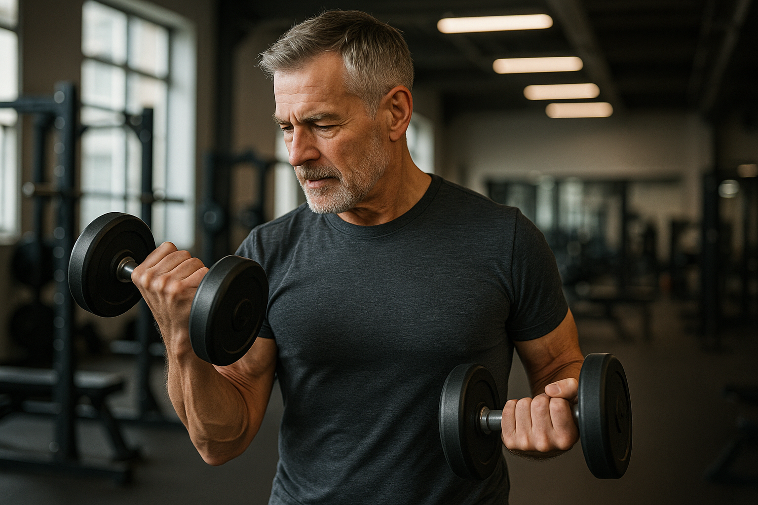 Mann über 50 Jahre beim gezielten Krafttraining mit Hanteln