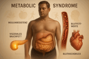 Grafische Darstellung der vier Hauptkomponenten des metabolischen Syndroms: Insulinresistenz, viszerales Bauchfett, Blutfettwerte und Bluthochdruck.