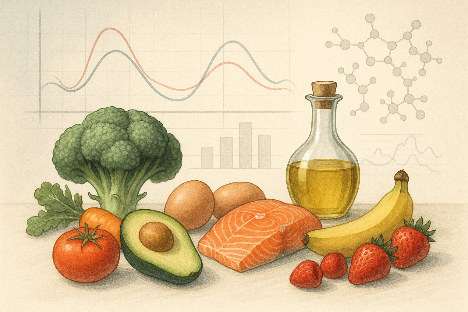 Eine moderne Darstellung gesunder, unverarbeiteter Lebensmittel neben abstrakten Daten zur Stoffwechselgesundheit – die Zukunft der Ernährungswissenschaft liegt in der Verbindung von Lebensmittelqualität und individuellen metabolischen Reaktionen.