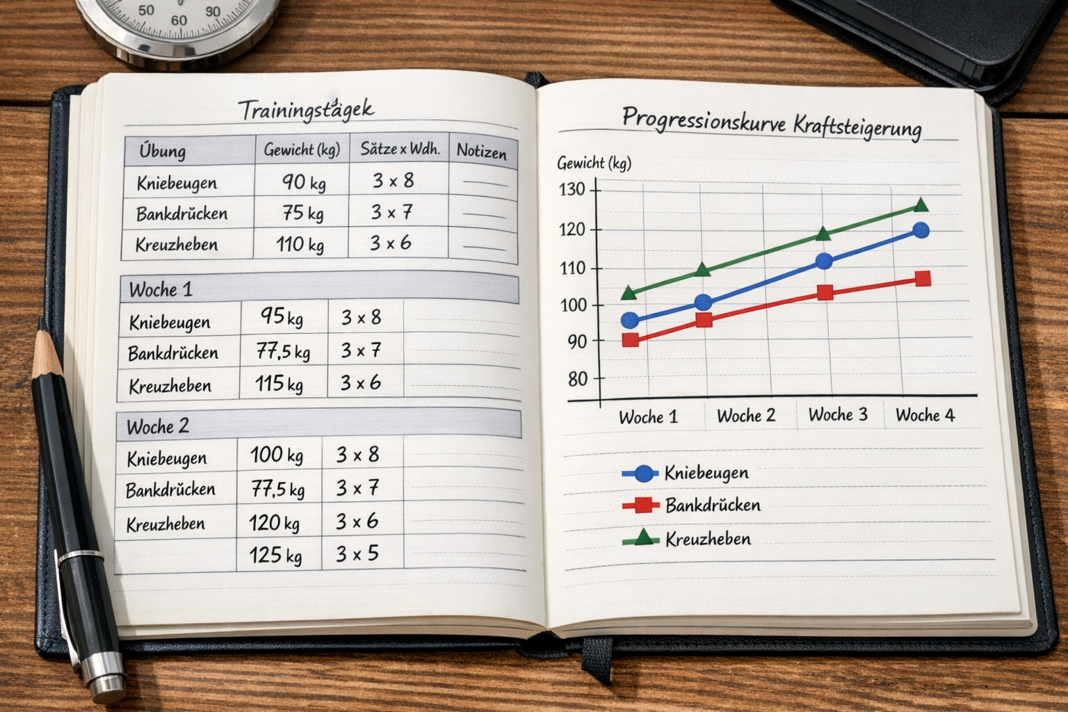Trainingslogbuch mit dokumentierter progressiver Überlastung zeigt systematische Kraftsteigerung über mehrere Wochen