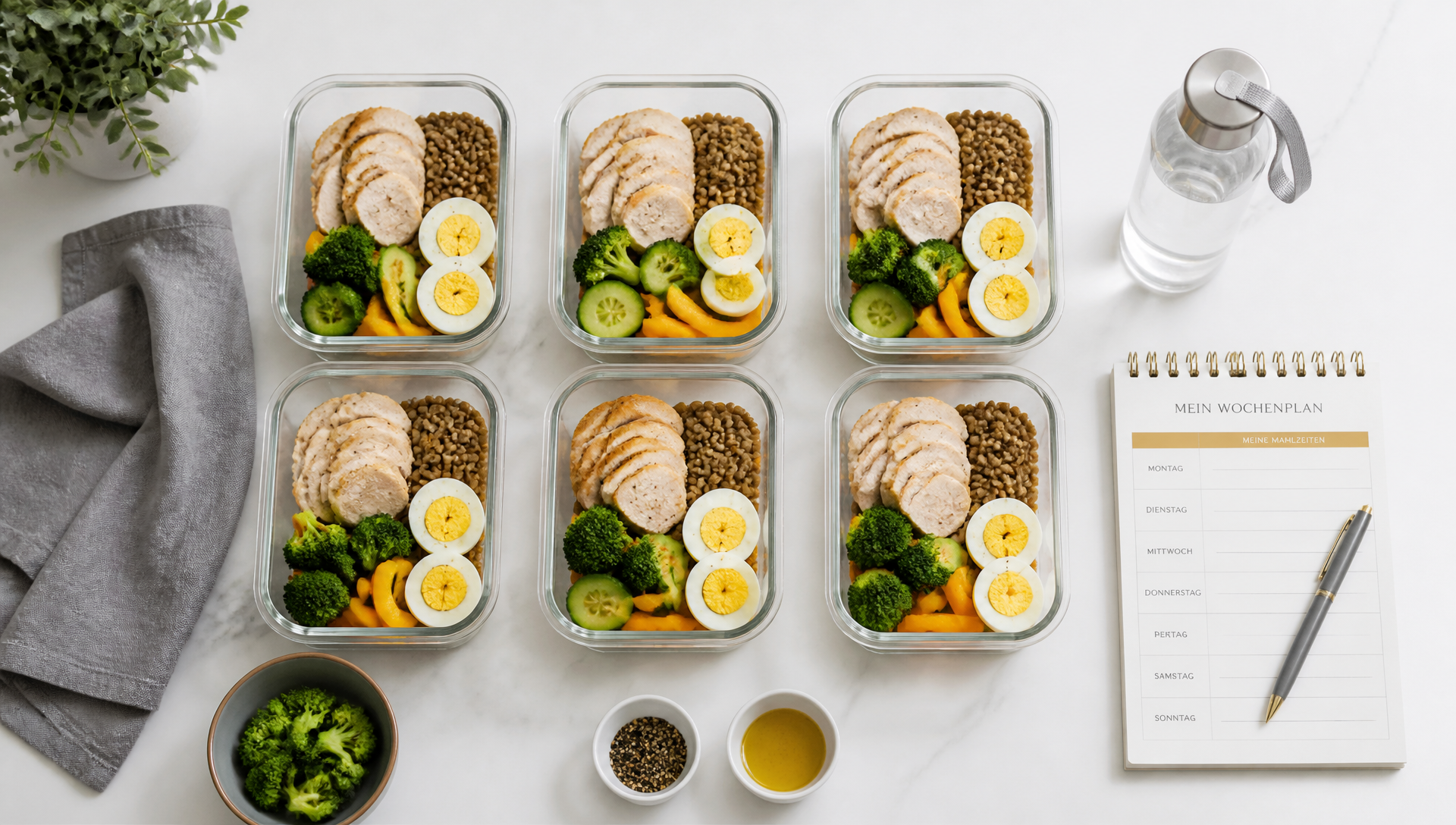 Meal-Prep-Setup für die Woche mit eiweißreichen Lebensmitteln – Proteinbedarf ab 40 Muskelaufbau praktisch umsetzen